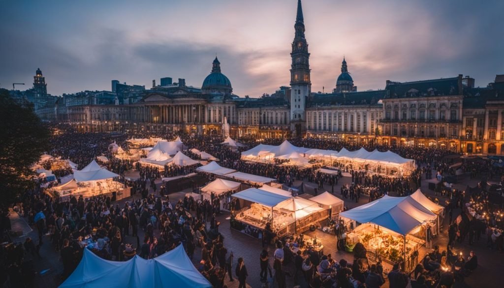 An outdoor market in brussels at dusk.