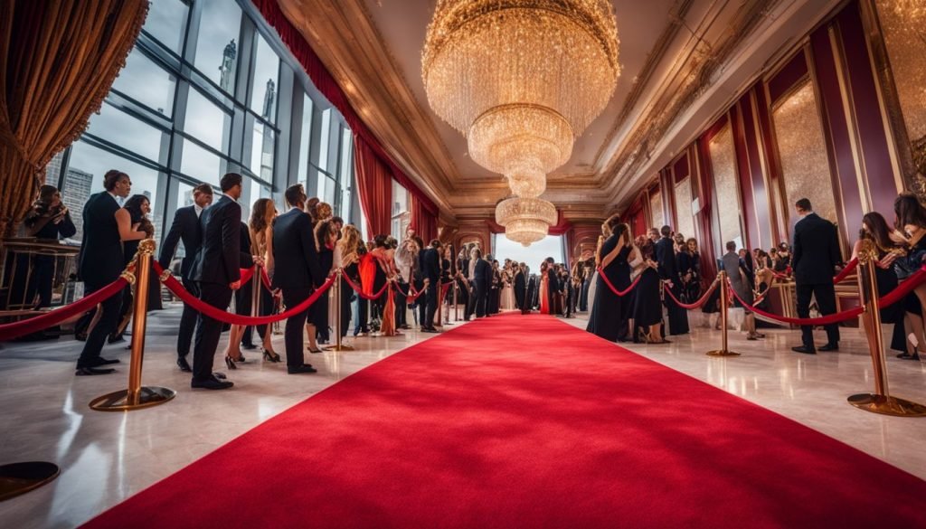 People standing on a red carpet at an event.