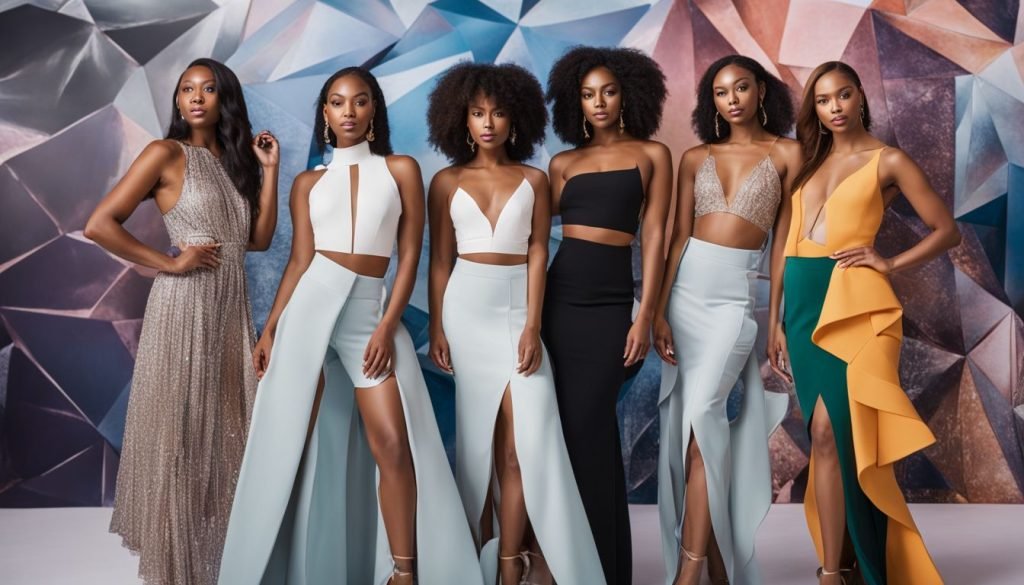 A group of black women posing in front of a geometric background.