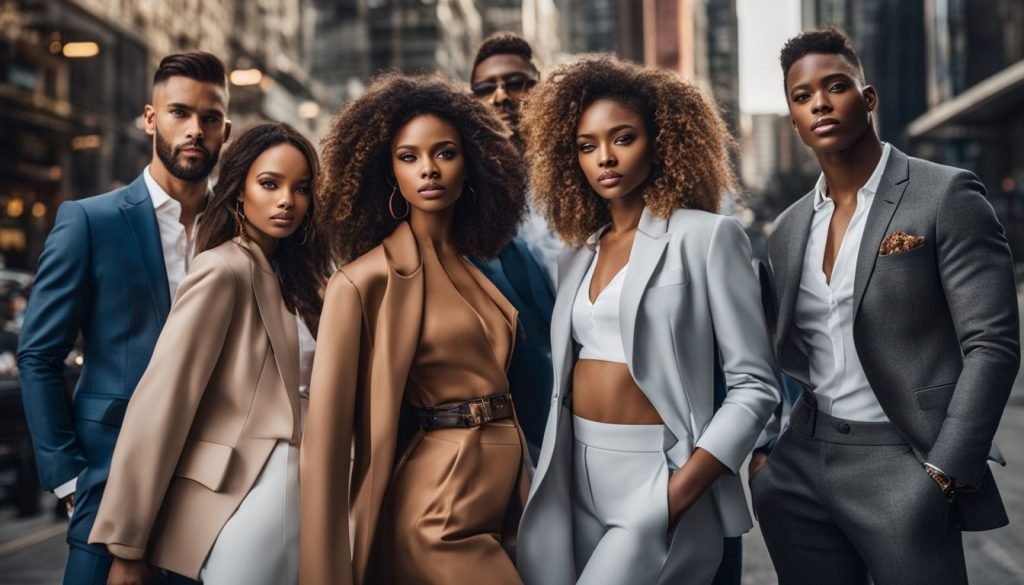 A group of young black people posing for a photo in a city.