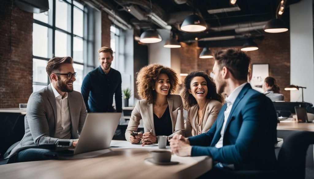 A group of business people sitting around a table in an office.