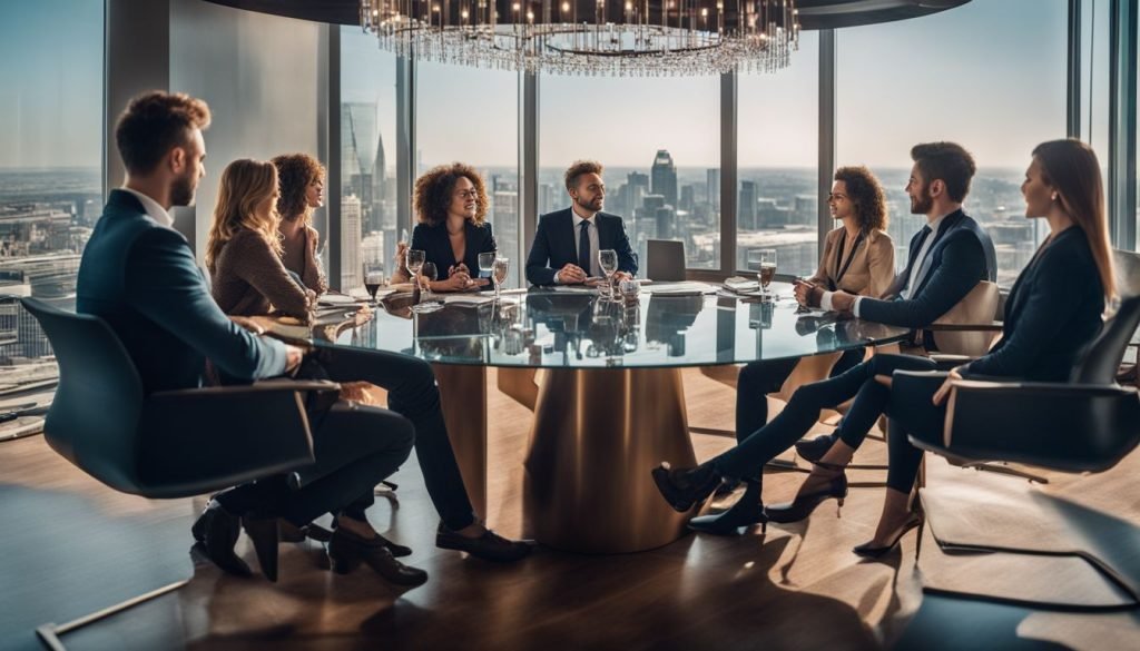 A group of business people sitting around a conference table with a view of the city.