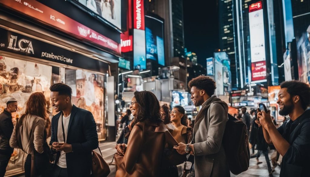 A group of people walking down a busy street at night.