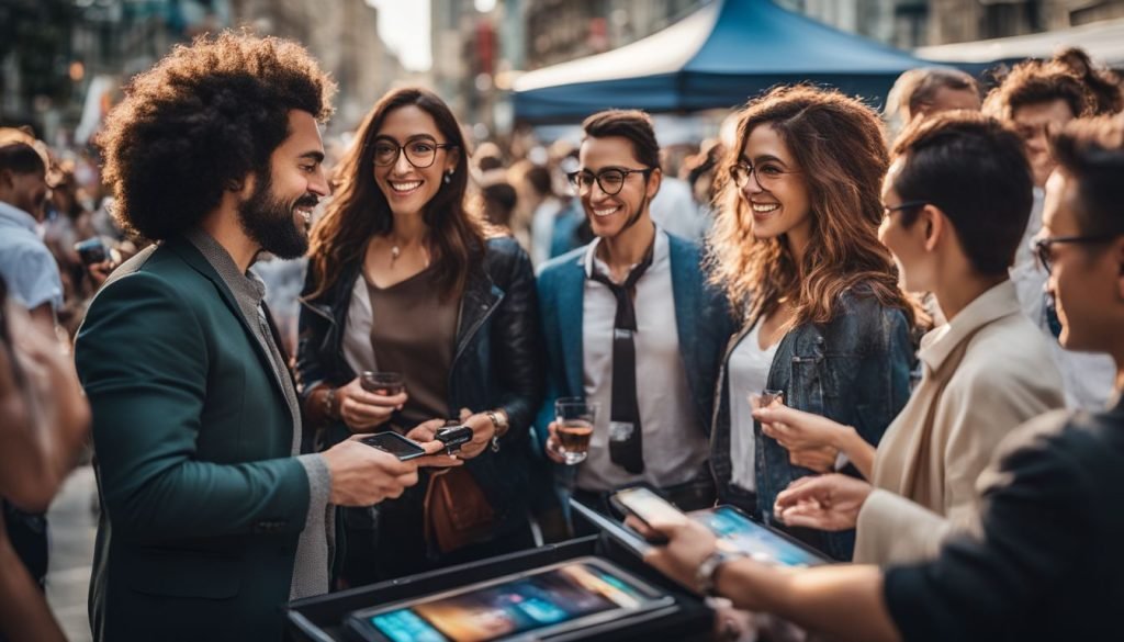 A group of people standing in a street talking to each other.