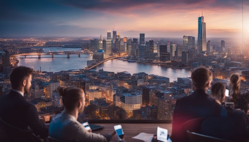 A group of business people looking at a city skyline at dusk.