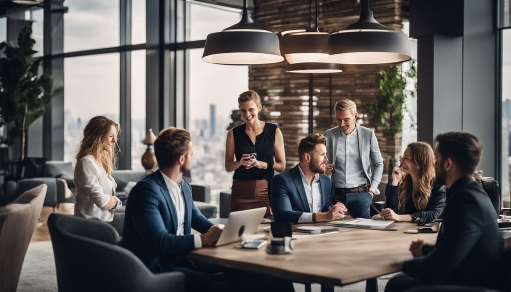 A group of business people sitting around a table in an office.