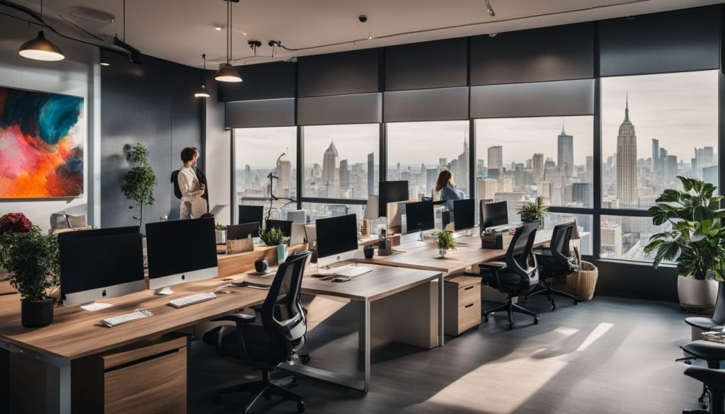 An office with large windows overlooking a city.