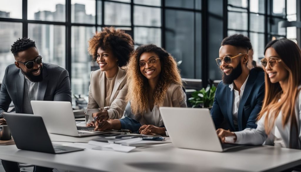 A group of business people working on laptops in an office.