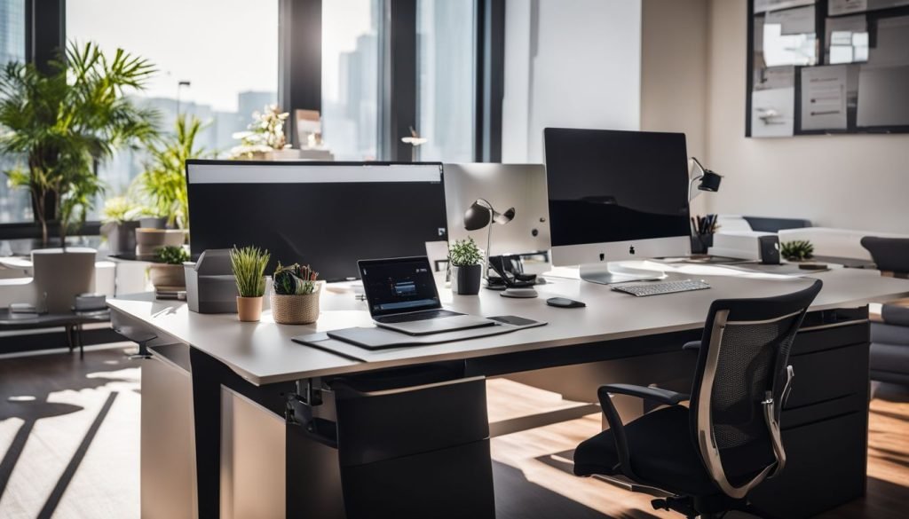 A desk with two monitors and a plant on it.