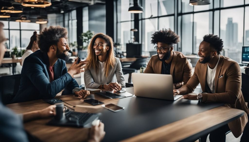 A group of business people sitting around a table in an office.