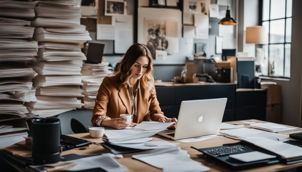 A woman sitting at a desk with a laptop and piles of papers.