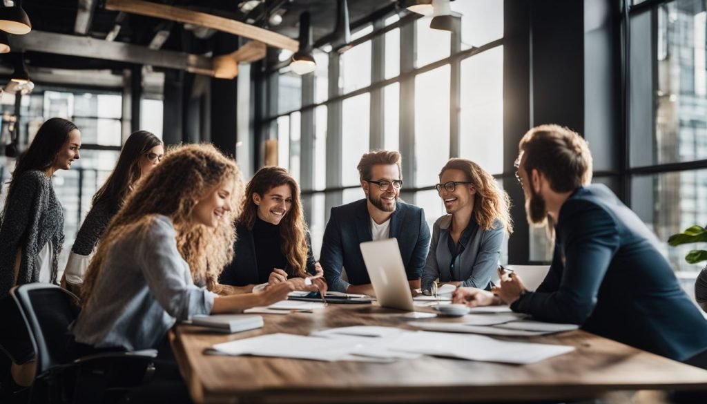 A group of business people sitting around a table in an office.