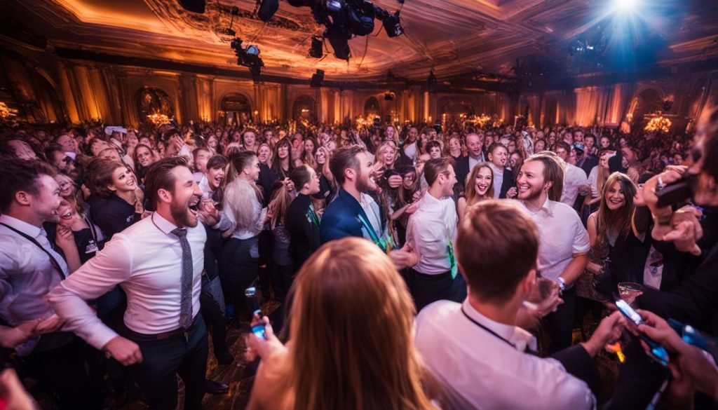 A crowd of people dancing in a ballroom.