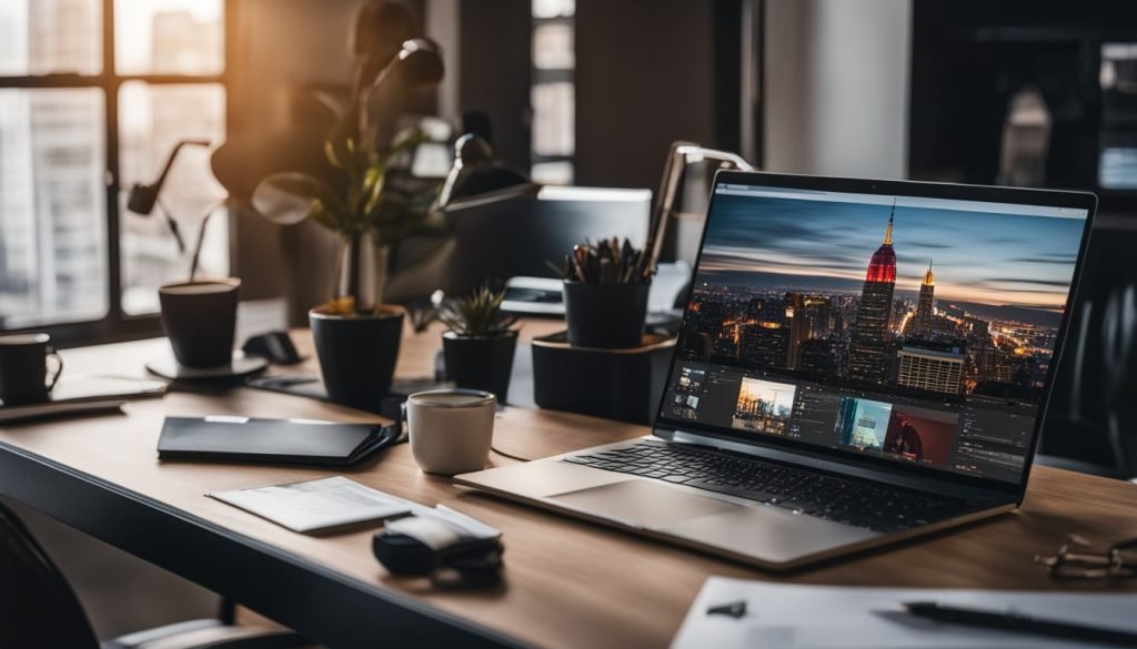 A laptop on a desk with a picture of a city on it.