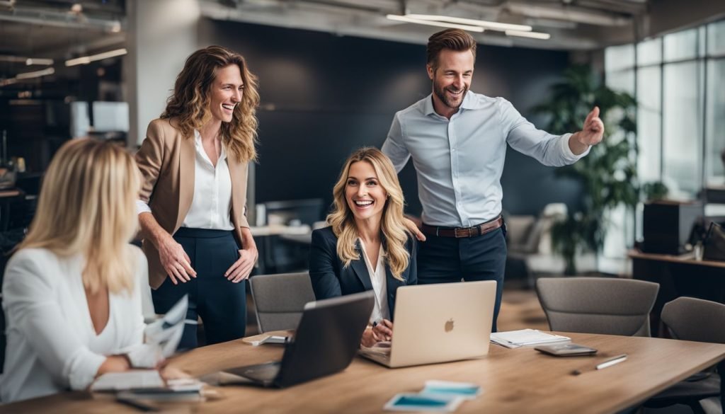 A group of business people working together in an office.