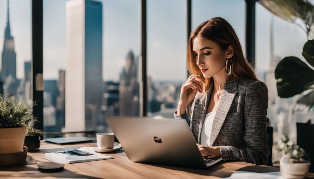 A business woman working on her laptop in front of a city skyline.