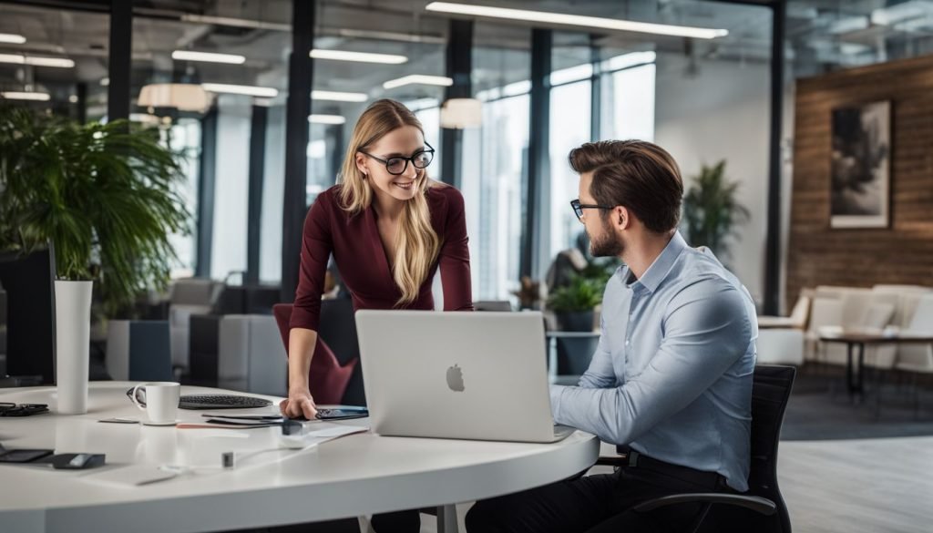 Two business people sitting at a table in an office.