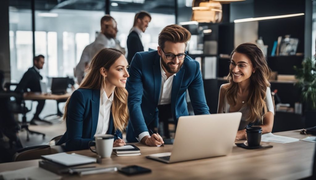 A group of business people looking at a laptop in an office.