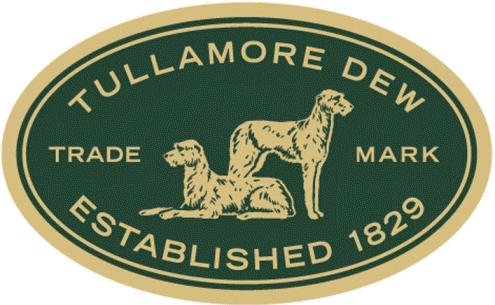 An oval Tullamore logo with two dogs, one sitting and one standing, and the text "Tullamore Dew Trade Mark Established 1829." The background is dark green with tan text and border.